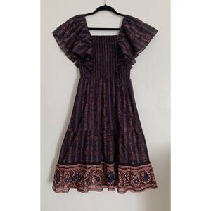 Soleil Floral Midnight Figue Estella Cotton Square Neck Mini Dress XS